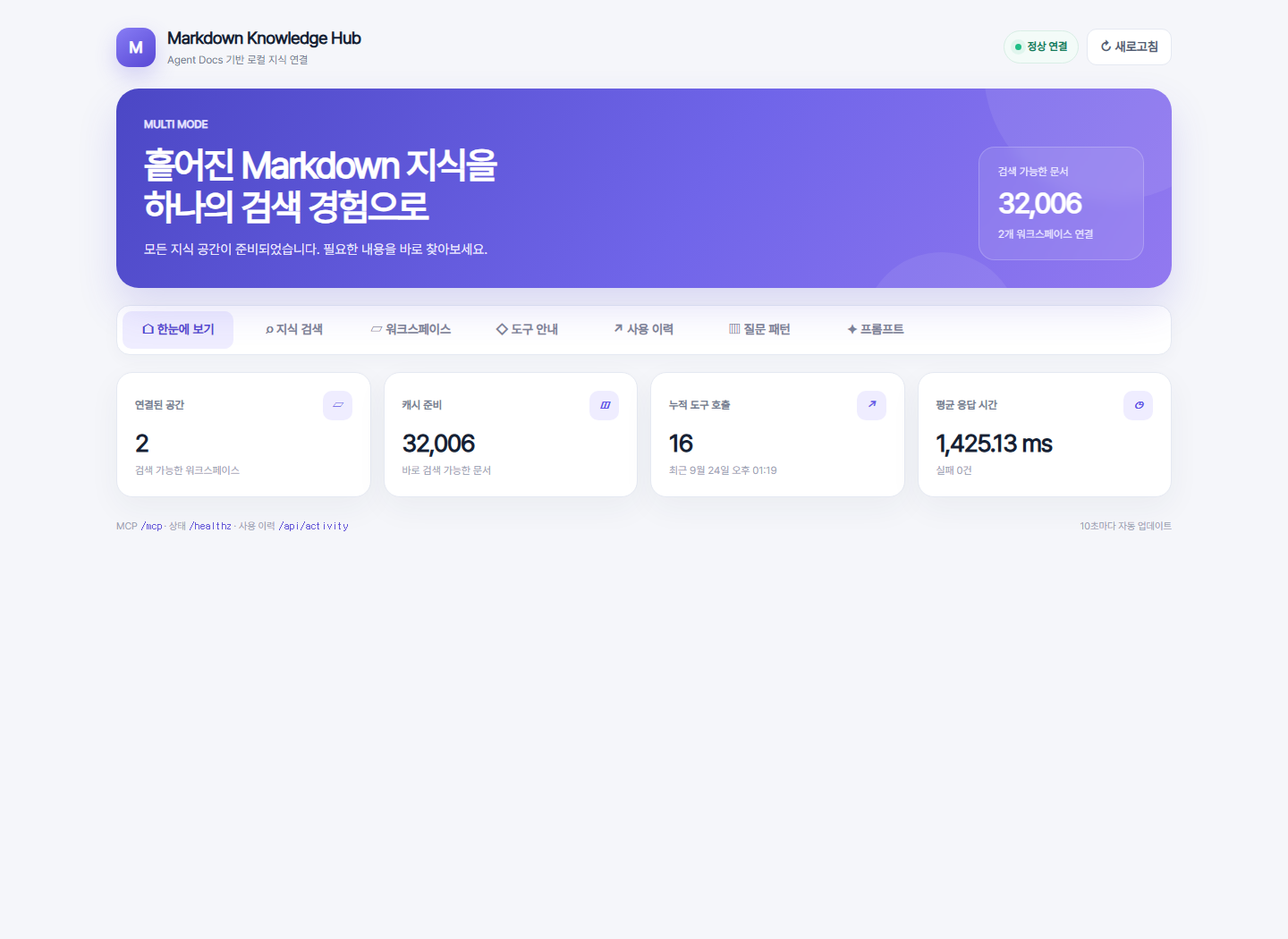 Markdown Knowledge Hub 대시보드 미리보기